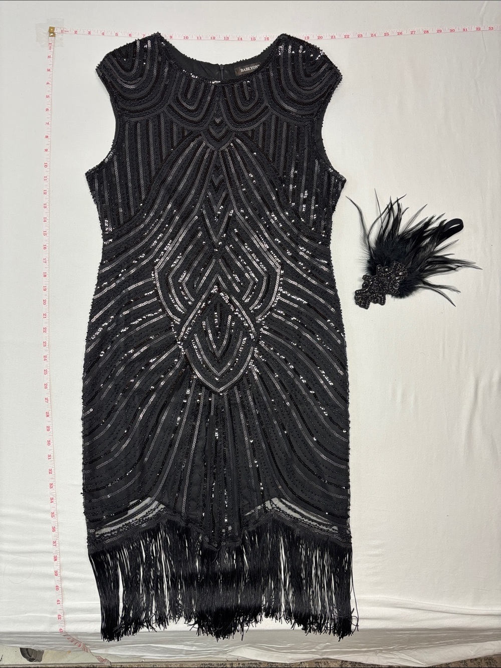 Black Sequin Fringe Midi Dress with Art Deco Beading and headpiece party costume